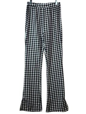 Shein Womens Houndstooth Flare Pants Black White Small Check Pull On Unlined